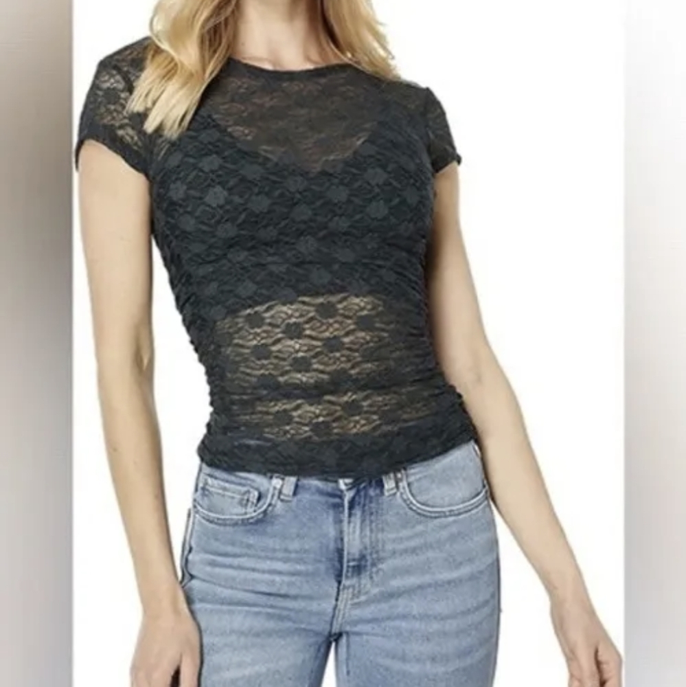 Free People xs Keep it Simple Lace Baby Tee Short Slv Sheer black‎ Ruched Top - Picture 2 of 5